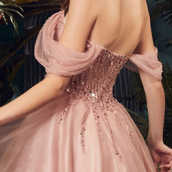 Off shoulder short glitter tulle beaded corset style dres - Picture 5 of 11